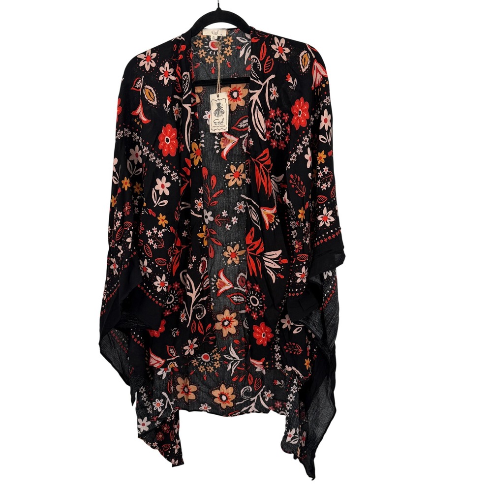 Easel Floral Kimono Wrap Womens Medium Black Red Orange Botanical Open Front NWT